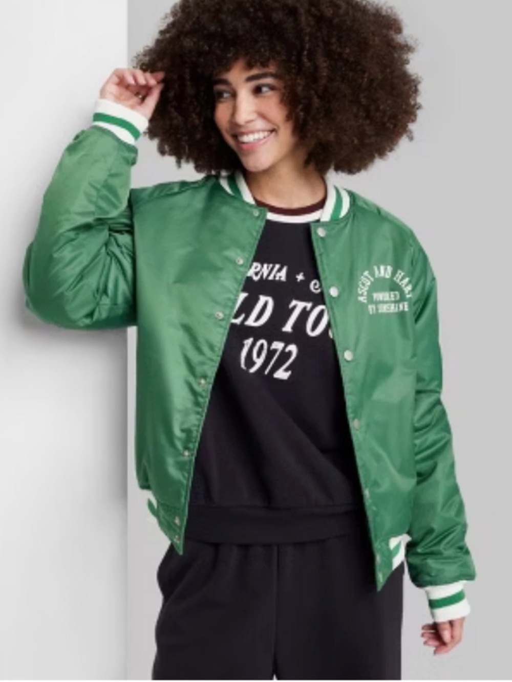 Ascot + Hart Women's Green Satin Bomber Jacket with Striped Ribbing